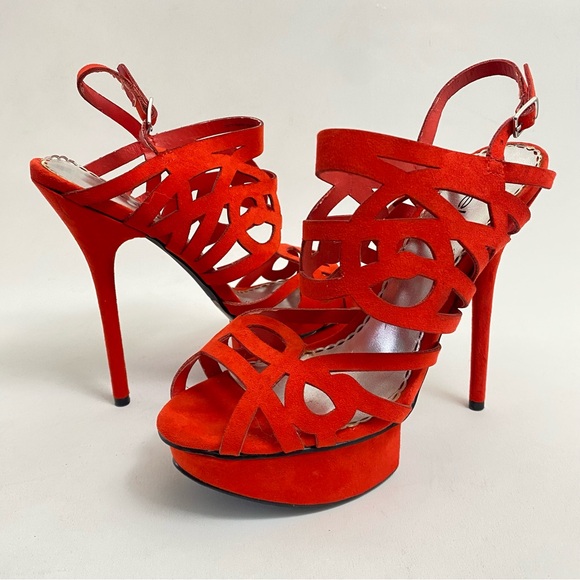 BEBE Red Platform Heeled Sandals Pumps 7 M Open Toe Ankle Strap Heels Stiletto - Picture 3 of 14